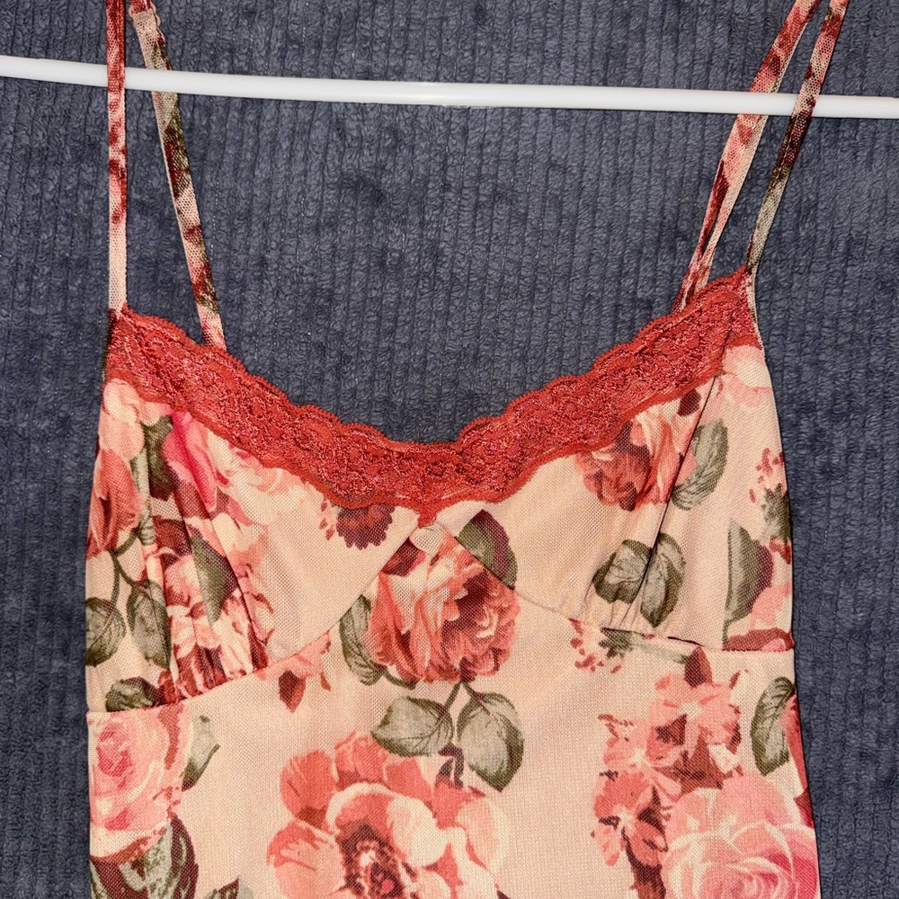 Floral Lace Trim Slip Dress — Dusty Rose & Green